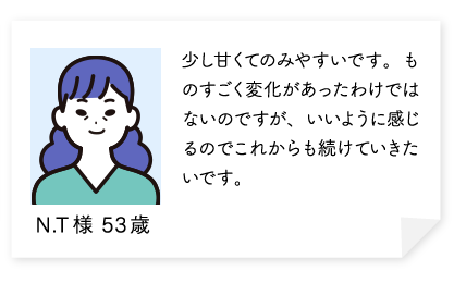 少し甘くてのみやすいです。ものすごく変化があったわけではないのですが、いいように感じるのでこれからも続けていきたいです。