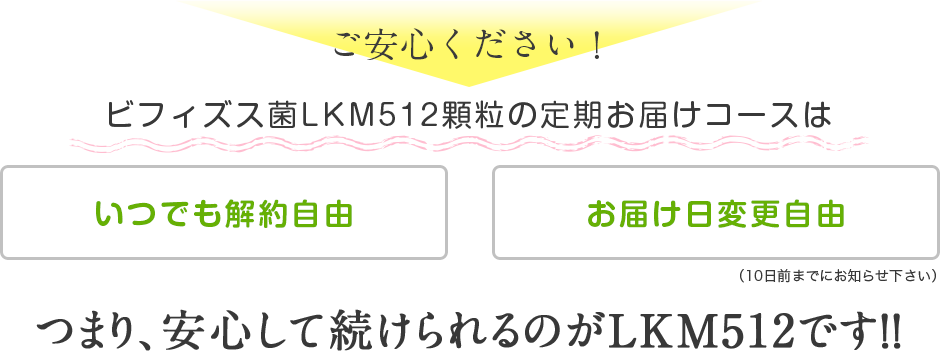 ご安心ください！ビフィズス菌LKM512顆粒の定期お届けコースは、いつでも解約自由・お届け日変更自由